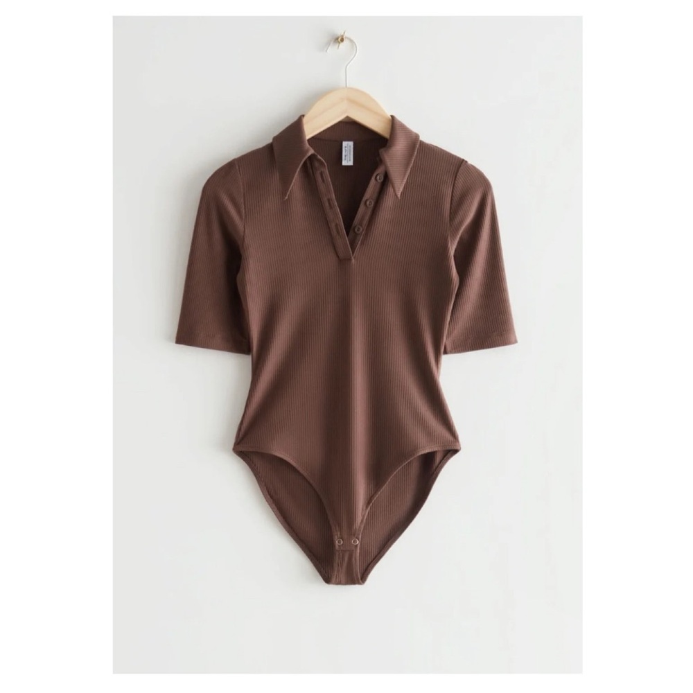 & Other Stories ribbed chocolate brown collared bodysuit xs